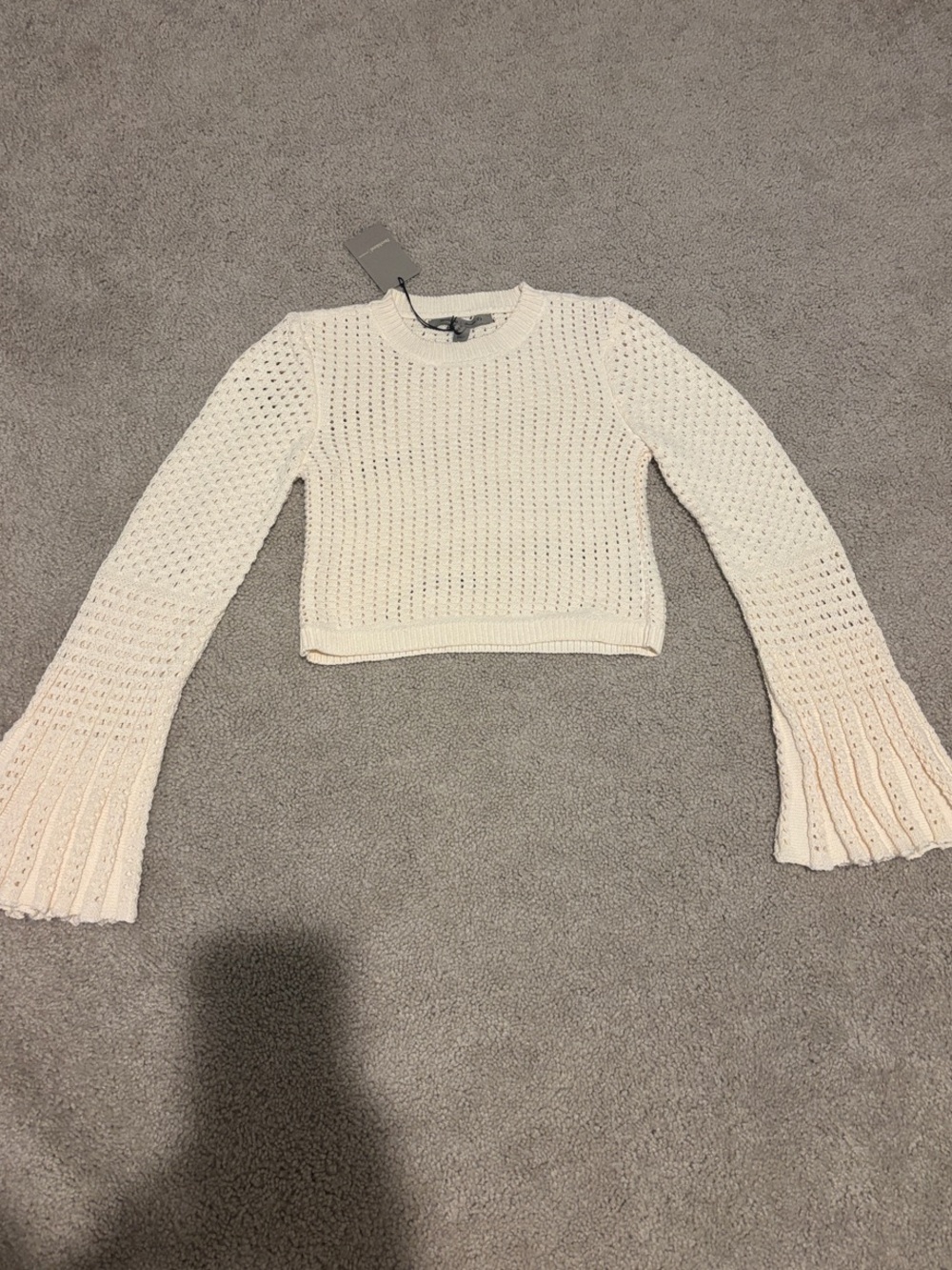Cropped Cream Knit Sweater with Flared Bell Sleeves